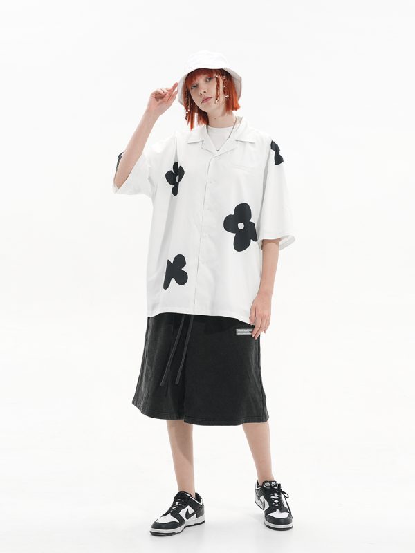 Vintage Hand-Drawn Floral Cuban Collar Short Sleeve Shirt - Harsh and Cruel Inspired Silhouette, Y2K Aesthetic