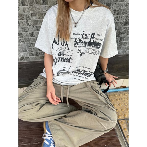 Vintage Hand-Drawn Graffiti Short Sleeve T-Shirt for Men and Women - Trendy American Design Summer Top, 90s Style, Unisex