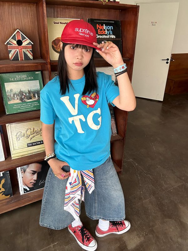 Vintage Heart Letter Printed Short Sleeve T-Shirt for Men and Women, Casual Loose Fit, Spring Summer American Style