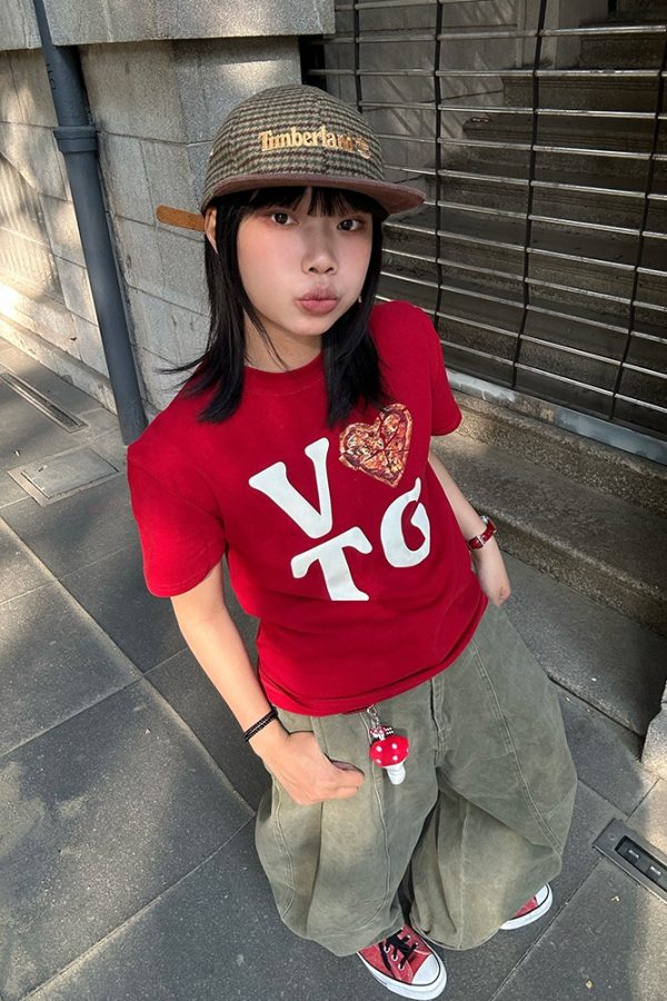 Vintage Heart Letter Printed Short Sleeve T-Shirt for Men and Women, Casual Loose Fit, Spring Summer American Style