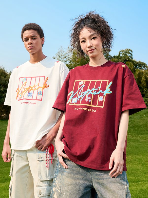 Vintage Heavyweight Short Sleeve T-Shirt with Dopamine Letter Print - Unisex American 90s Style for Men and Women