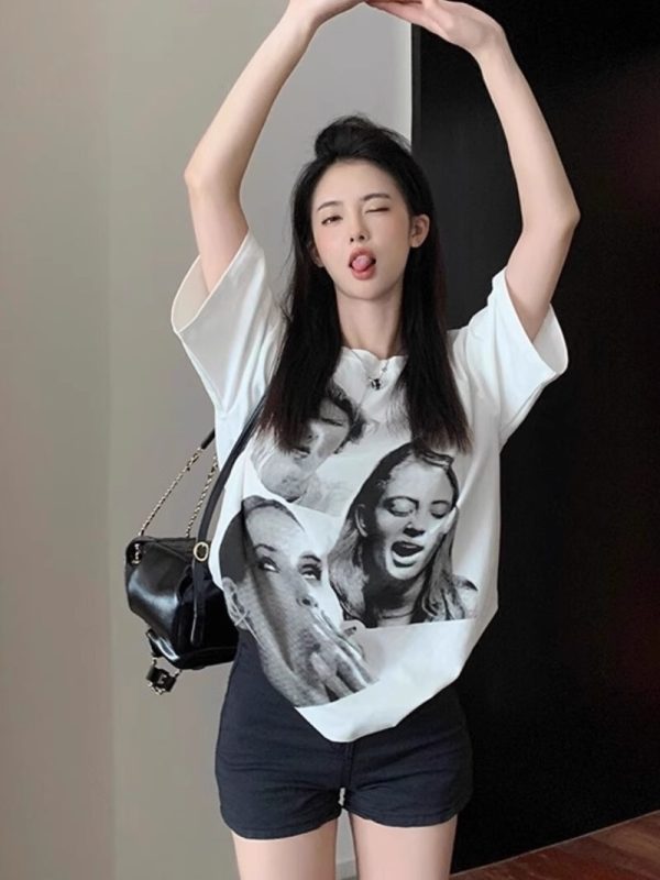 Vintage High Street Plus Size Women's Pure Cotton Loose Short-Sleeve T-Shirt - Sweet and Spicy Niche Design, Casual Style