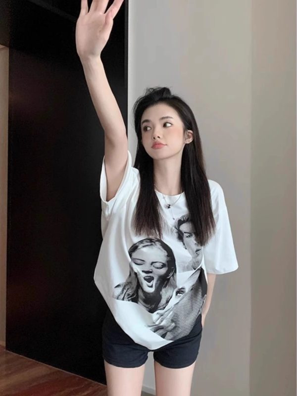 Vintage High Street Plus Size Women's Pure Cotton Loose Short-Sleeve T-Shirt - Sweet and Spicy Niche Design, Casual Style