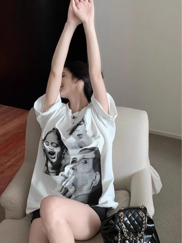Vintage High Street Plus Size Women's Pure Cotton Loose Short-Sleeve T-Shirt - Sweet and Spicy Niche Design, Casual Style