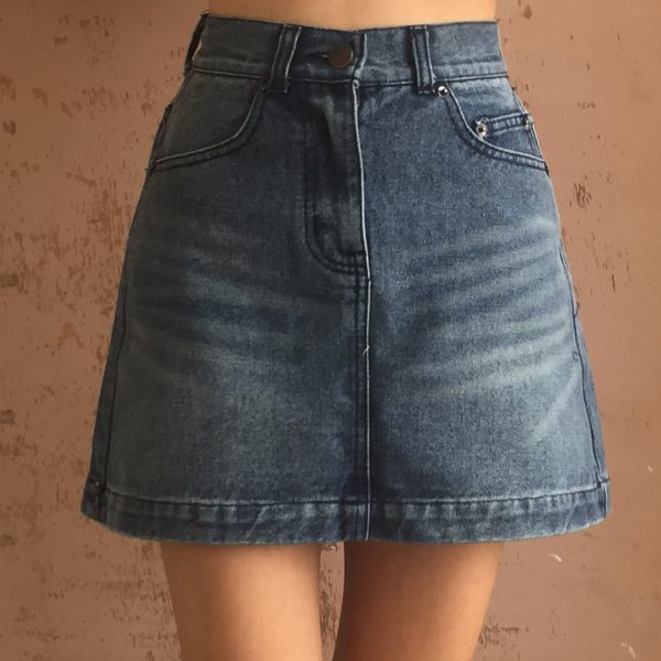 Vintage High-Waisted Distressed Denim Skirt with Cat Paw Print, A-Line Design, Versatile Style for 90s and Y2K Fashion Lovers