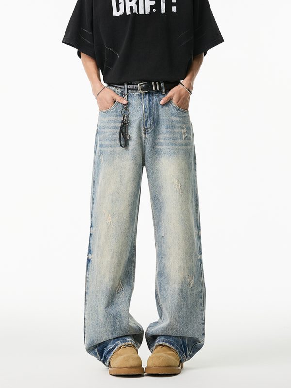 Vintage High-Waisted Wide-Leg Straight-Leg Casual Draped Long Pants - Retro 90s Style, Washed Denim, Trendy 2025 Fashion