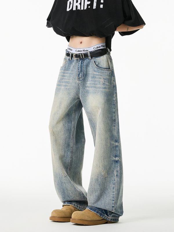 Vintage High-Waisted Wide-Leg Straight-Leg Casual Draped Long Pants - Retro 90s Style, Washed Denim, Trendy 2025 Fashion