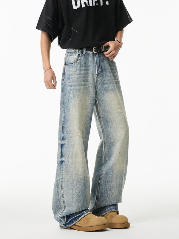 Vintage High-Waisted Wide-Leg Straight-Leg Casual Draped Long Pants - Retro 90s Style, Washed Denim, Trendy 2025 Fashion