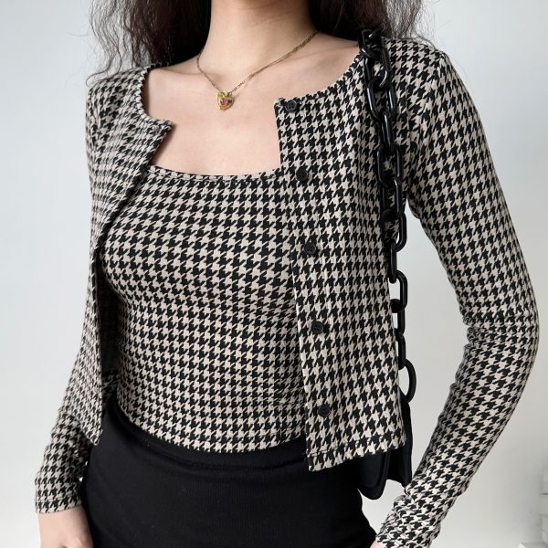 Vintage Houndstooth Camisole and Cardigan Two-Piece Set for Women - Slim Fit Short Top, Y2K Inspired Fashion