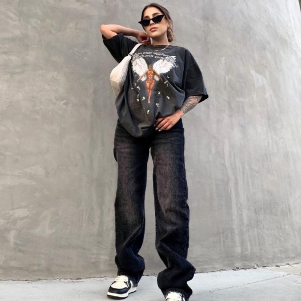 Vintage-Inspired Black Short Sleeve T-Shirt for Women - Retro American Style, Loose Fit for Summer Fashion