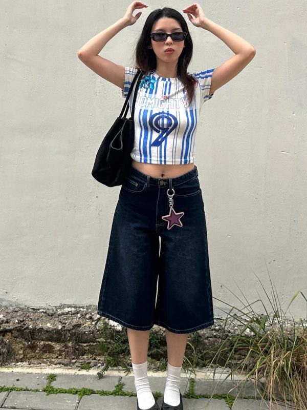 Vintage-Inspired Blue Denim Shorts for Summer 2025 - Three-Quarter Loose Wide-Leg Design, Slimming Fit, American Style