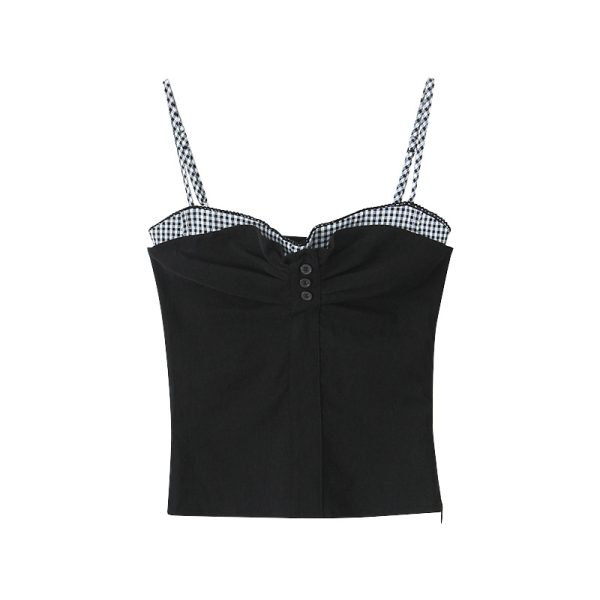 Vintage-Inspired Cute Girl Plaid Splicing Ruffled Button Elastic Slim Waist Camisole for Y2K Fashion