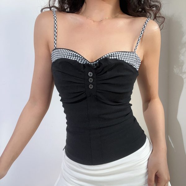 Vintage-Inspired Cute Girl Plaid Splicing Ruffled Button Elastic Slim Waist Camisole for Y2K Fashion