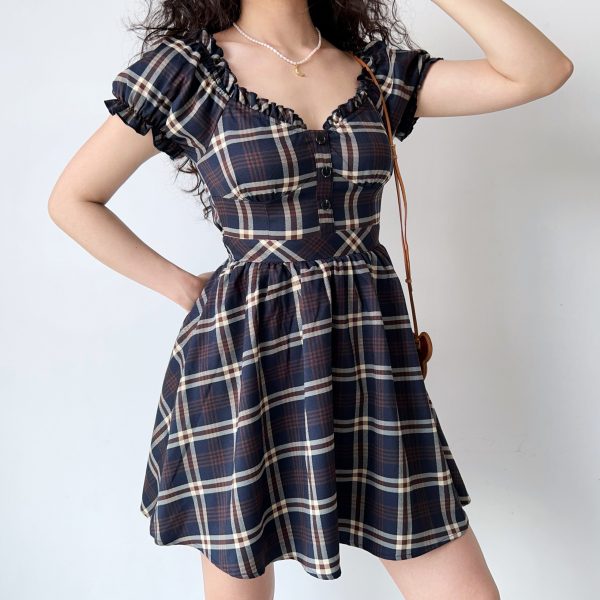 Vintage-Inspired Handmade Plaid V-Neck Puff Sleeve Dress for Women | A-Line Flare Skirt | Chic 90s French Style