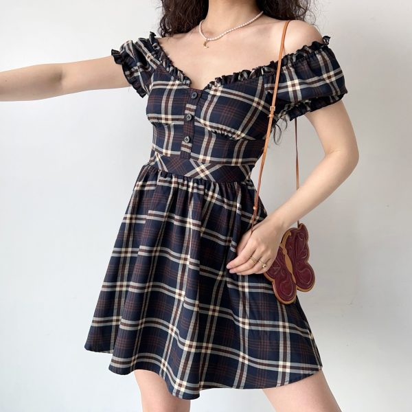 Vintage-Inspired Handmade Plaid V-Neck Puff Sleeve Dress for Women | A-Line Flare Skirt | Chic 90s French Style