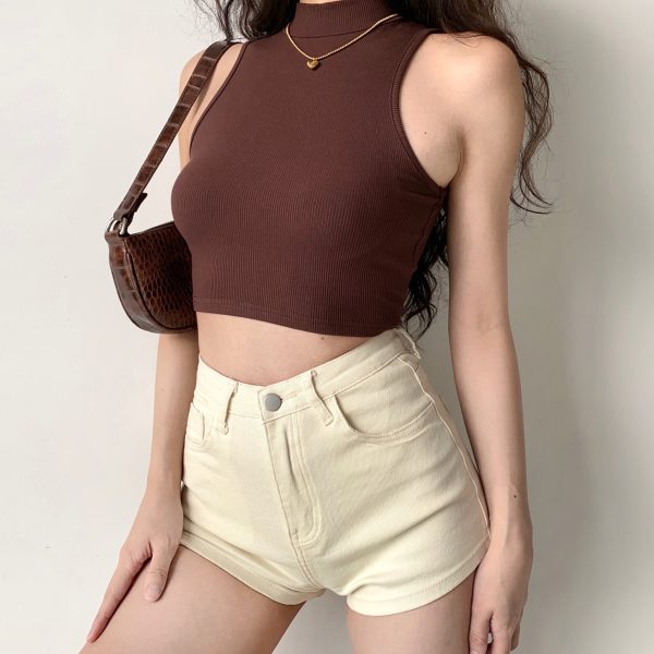 Vintage-Inspired High Neck Sleeveless Ribbed Tank Top for Women - Slim Fit Cropped Summer Belly Top