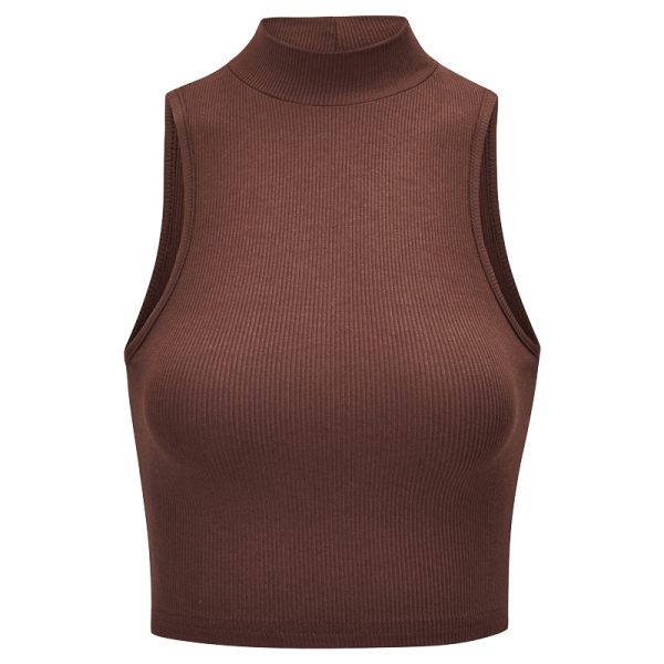 Vintage-Inspired High Neck Sleeveless Ribbed Tank Top for Women - Slim Fit Cropped Summer Belly Top