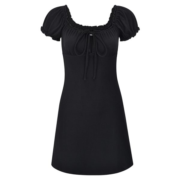 Vintage-Inspired Hollow Lace-Up Puff Sleeve Black A-Line Dress for Women - Short Skirt, Perfect for Y2K and 90s Styles