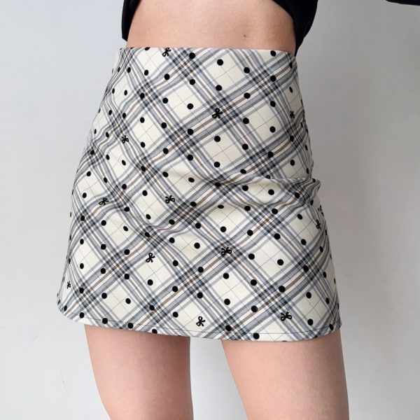 Vintage-Inspired Plaid Polka Dot A-Line Skirt for Women - High Waist Bodycon Mini/Midi Skirt in American Style