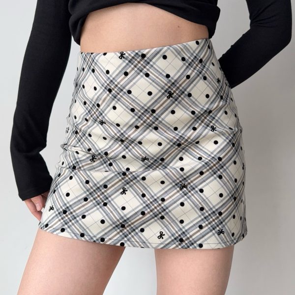Vintage-Inspired Plaid Polka Dot A-Line Skirt for Women - High Waist Bodycon Mini/Midi Skirt in American Style