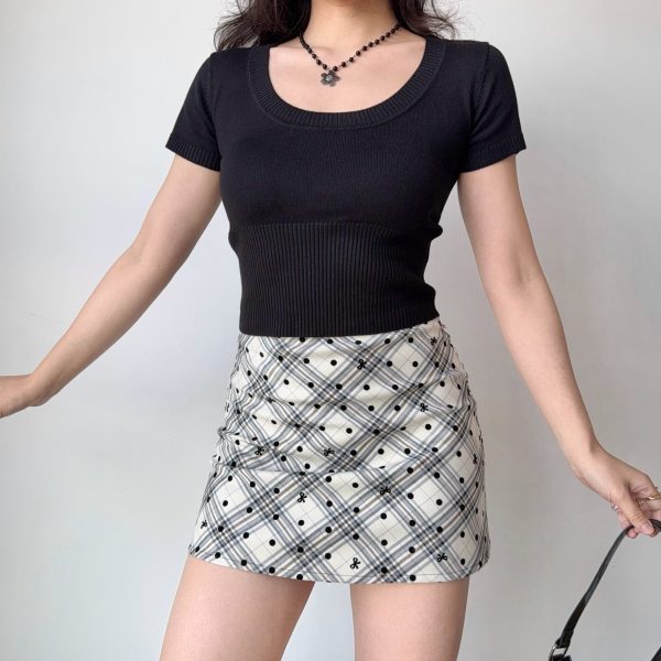 Vintage-Inspired Plaid Polka Dot A-Line Skirt for Women - High Waist Bodycon Mini/Midi Skirt in American Style