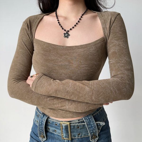 Vintage-Inspired Square Neck Long Sleeve T-Shirt for Women - Slim Fit American Style Base Layer Top