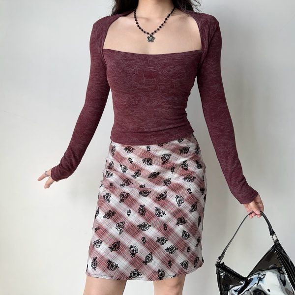 Vintage-Inspired Square Neck Long Sleeve T-Shirt for Women - Slim Fit American Style Base Layer Top