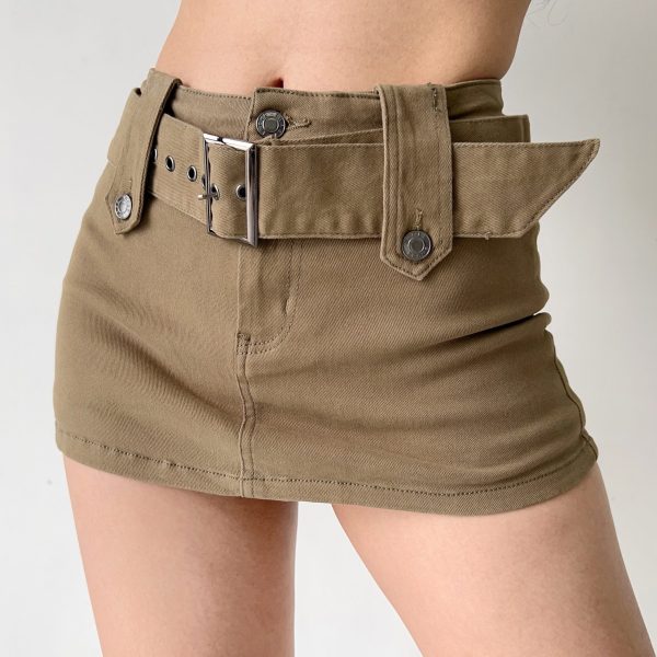 Vintage-Inspired Wide Waist Belt Denim Mini Skirt for Women - Anti-Exposure Bodycon Style, Sexy 90s Fashion Half Skirt
