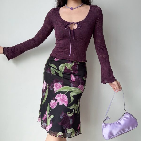 Vintage Jacquard Lace-Up Long Sleeve U-Neck Top for Women - Slim Fit American Style T-Shirt, Perfect for 90s and Y2K Fashion Lovers