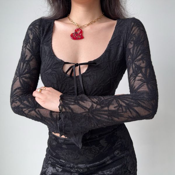 Vintage Jacquard Lace-Up Long Sleeve U-Neck Top for Women - Slim Fit American Style T-Shirt, Perfect for 90s and Y2K Fashion Lovers