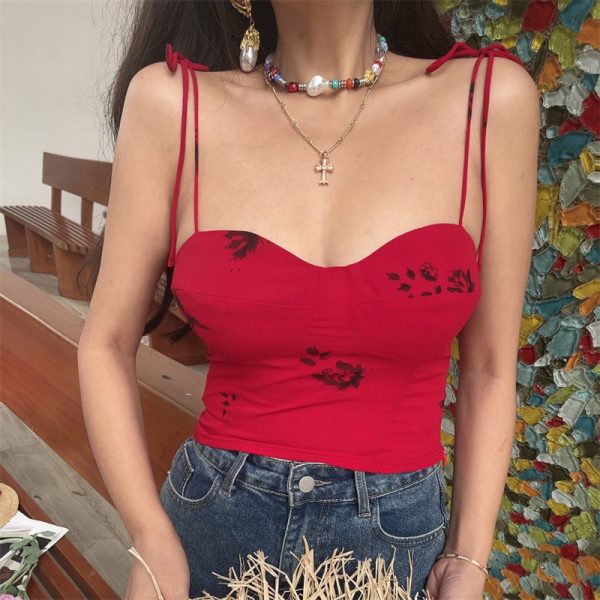 Vintage Lace-Up Bow Red Camisole Top for Women - Handmade French Style, 2025 Spring/Summer Vacation Essential