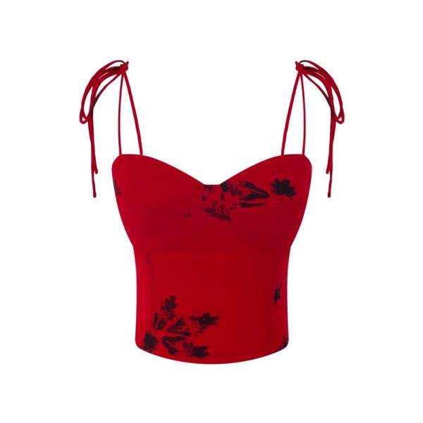 Vintage Lace-Up Bow Red Camisole Top for Women - Handmade French Style, 2025 Spring/Summer Vacation Essential