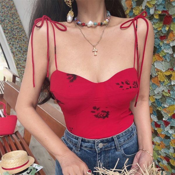 Vintage Lace-Up Bow Red Camisole Top for Women - Handmade French Style, 2025 Spring/Summer Vacation Essential
