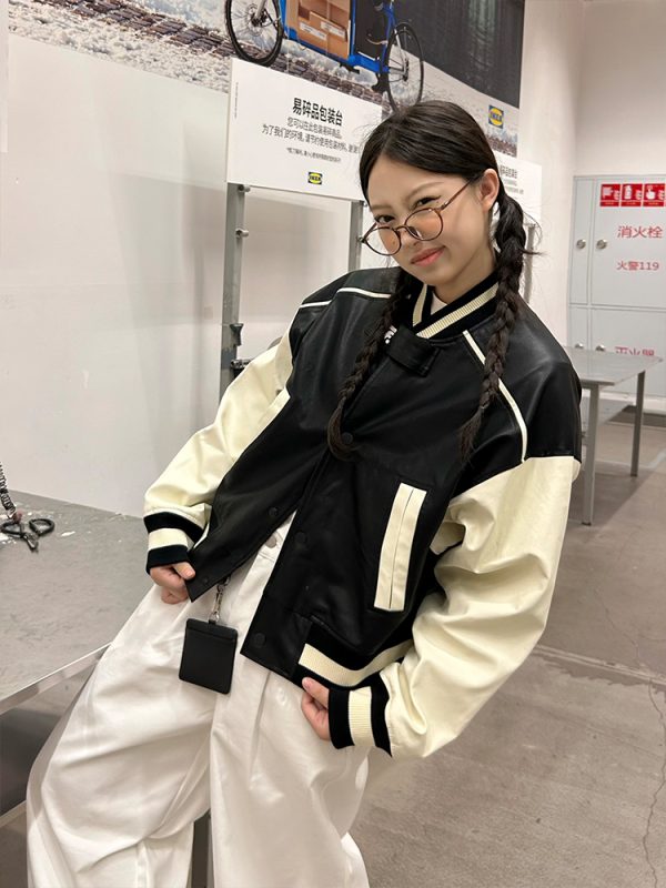 Vintage Leather Letter Logo Slim Fit Baseball Jacket - Autumn Winter American Trend, 90s Style