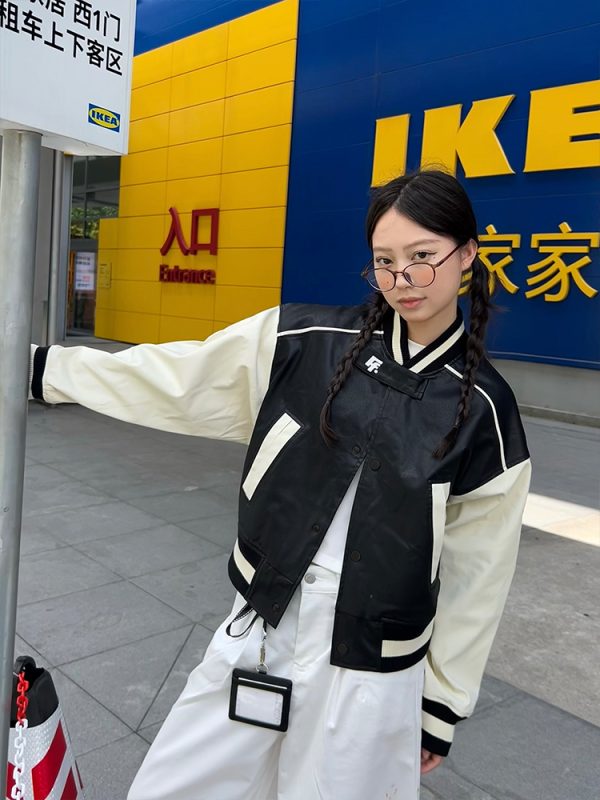 Vintage Leather Letter Logo Slim Fit Baseball Jacket - Autumn Winter American Trend, 90s Style