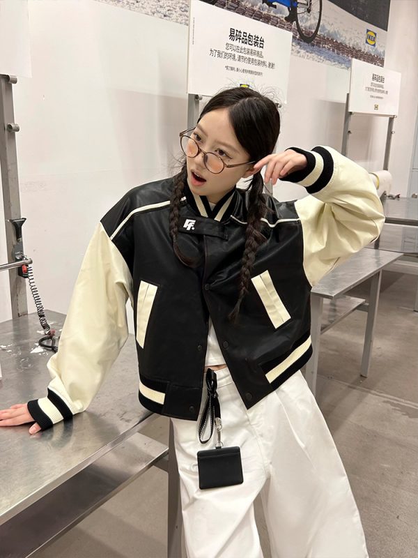 Vintage Leather Letter Logo Slim Fit Baseball Jacket - Autumn Winter American Trend, 90s Style