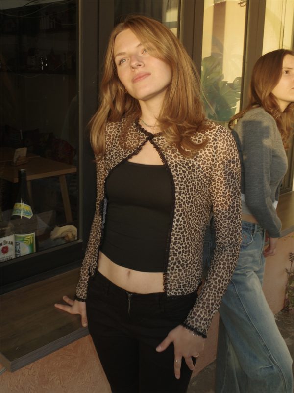 Vintage Leopard Print Cardigan with Lace Trim and Tie Detail - Spring 2025 Women's Slim Fit Fashion Top for a Wild Look