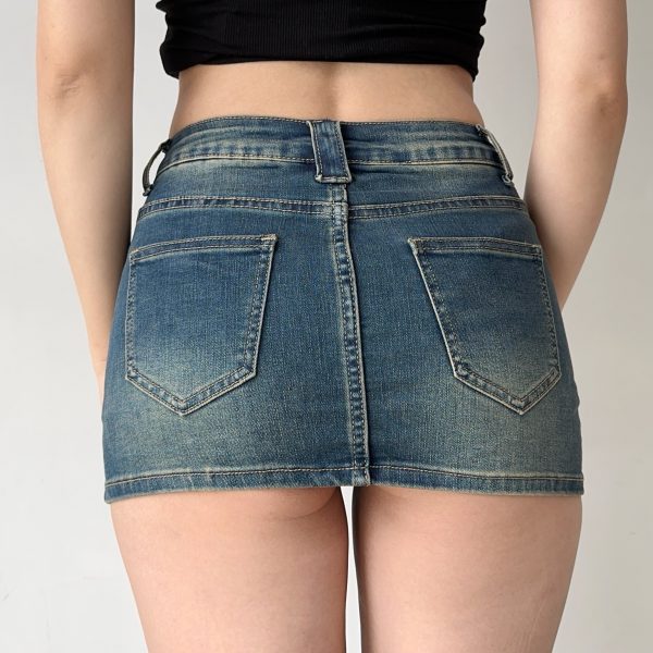 Vintage Low-Waist Denim Ultra-Short Bodycon Skirt for Women - European & American Style, Slim Fit, Anti-Exposure Design