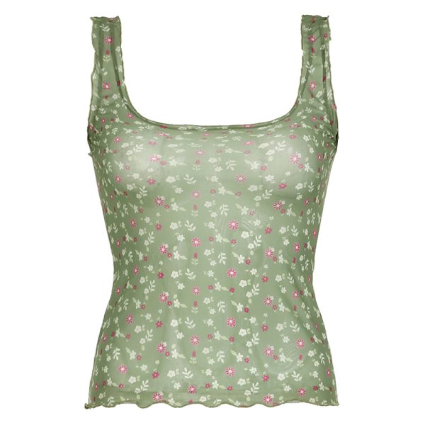 Vintage Mesh Floral Layered Slim Fit Spaghetti Strap Tank Top - Sexy Slimming Design for Y2K and 90s-Inspired Looks