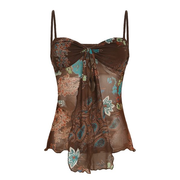Vintage Niche Printed Sheer Fitted Camisole with Strap Design for Women - Perfect for Outerwear and 90s Y2K Style