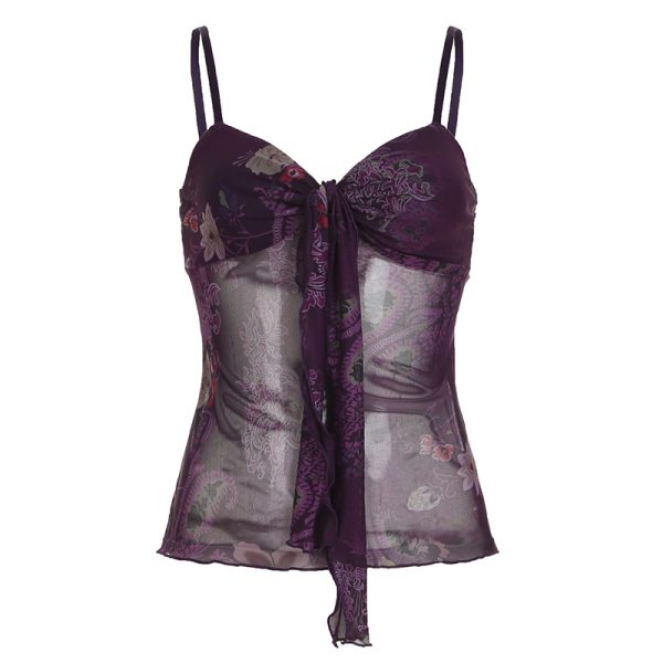 Vintage Niche Printed Sheer Fitted Camisole with Strap Design for Women - Perfect for Outerwear and 90s Y2K Style