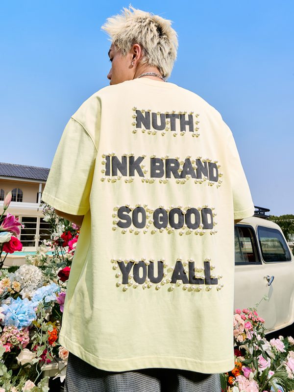 Vintage Pearl Letter Short Sleeve T-Shirt for Men and Women - Trendy Loose Fit, 2025 Summer Style, Y2K Inspired Fashion