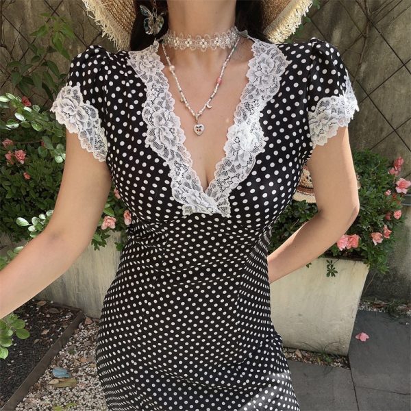 Vintage Polka Dot Dress with French Lace Trim, Slimming V-Neck, Small Flutter Sleeves, Perfect for Vacation and 90s Style