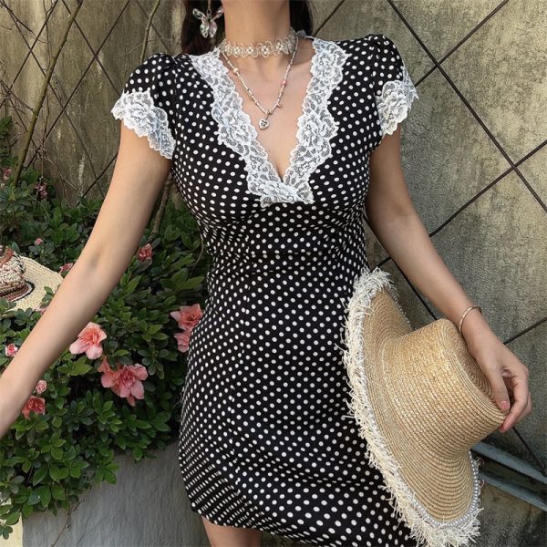 Vintage Polka Dot Dress with French Lace Trim, Slimming V-Neck, Small Flutter Sleeves, Perfect for Vacation and 90s Style