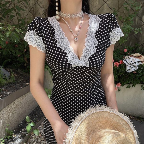 Vintage Polka Dot Dress with French Lace Trim, Slimming V-Neck, Small Flutter Sleeves, Perfect for Vacation and 90s Style