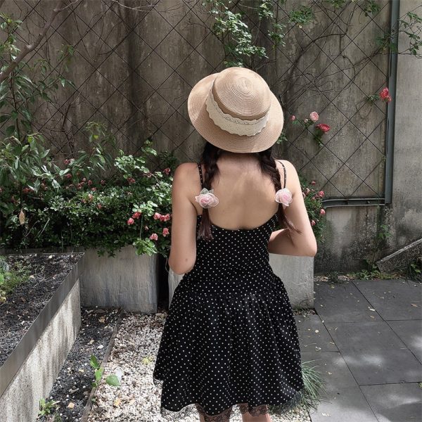 Vintage Polka Dot Lace Trim Mini Slip Dress - Handmade French Square Neck Drawstring for 2025 Spring/Summer Vacation Style