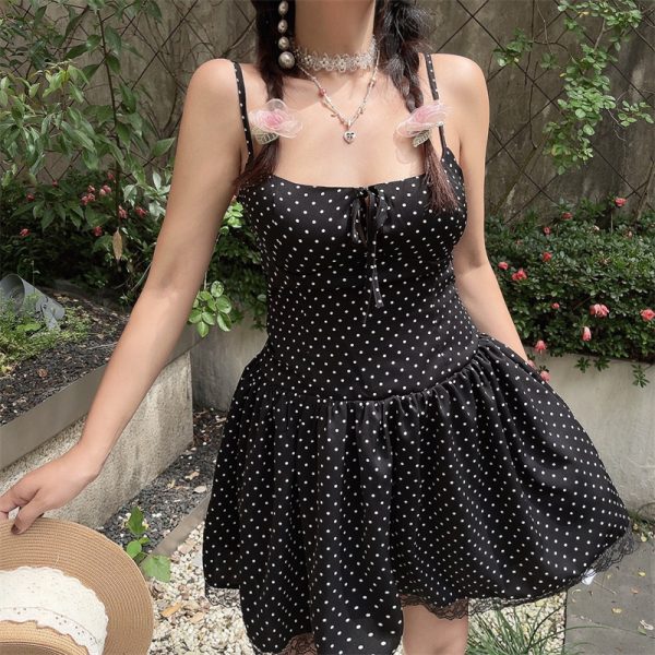 Vintage Polka Dot Lace Trim Mini Slip Dress - Handmade French Square Neck Drawstring for 2025 Spring/Summer Vacation Style