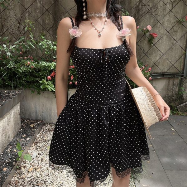 Vintage Polka Dot Lace Trim Mini Slip Dress - Handmade French Square Neck Drawstring for 2025 Spring/Summer Vacation Style