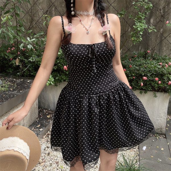 Vintage Polka Dot Lace Trim Mini Slip Dress - Handmade French Square Neck Drawstring for 2025 Spring/Summer Vacation Style