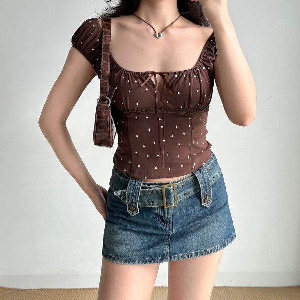 Vintage Polka Dot Lace-Up Square Neck Puff Sleeve T-Shirt for Women - Slim Fit Summer Hot Girl Style